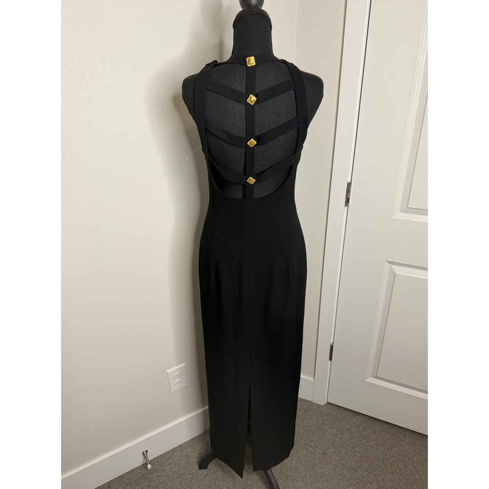 Kay Unger Petites Black Maxi Dress Gold Button Cage Back Evening Gown Size 6P